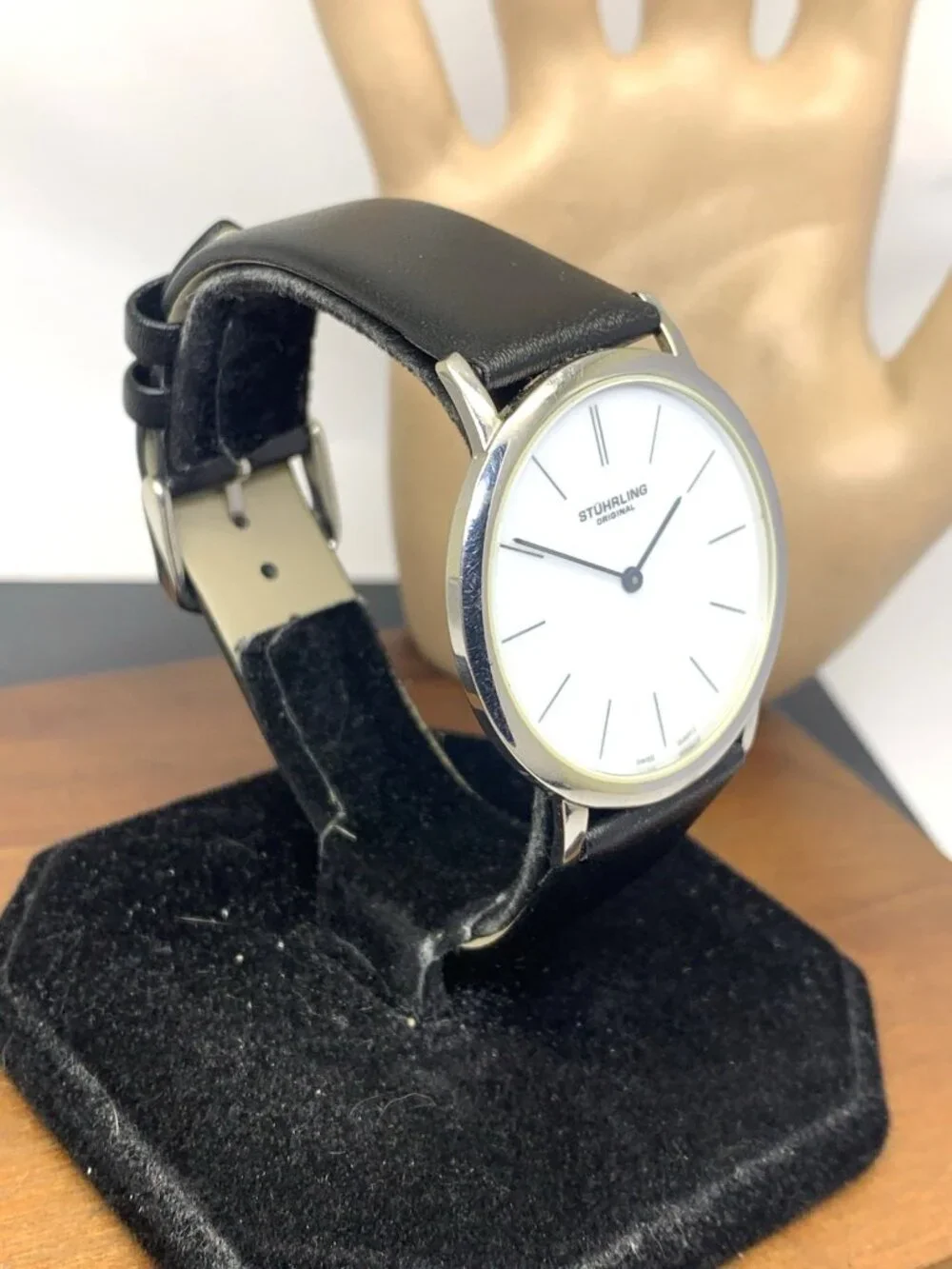 Stuhrling Mens Watch Swiss Quartz White Dial Silver Case Black Leather Band 38mm
